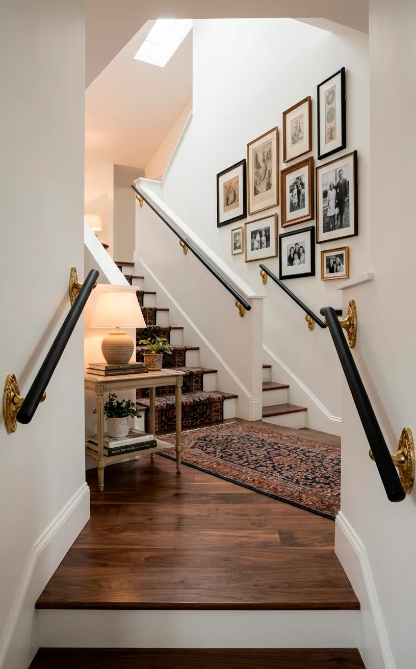Black handrail with polished brass wall brackets on a white staircase wall.