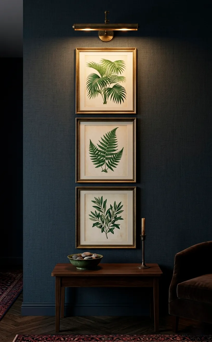 Botanical prints lit by a brass picture light in a moody entryway.