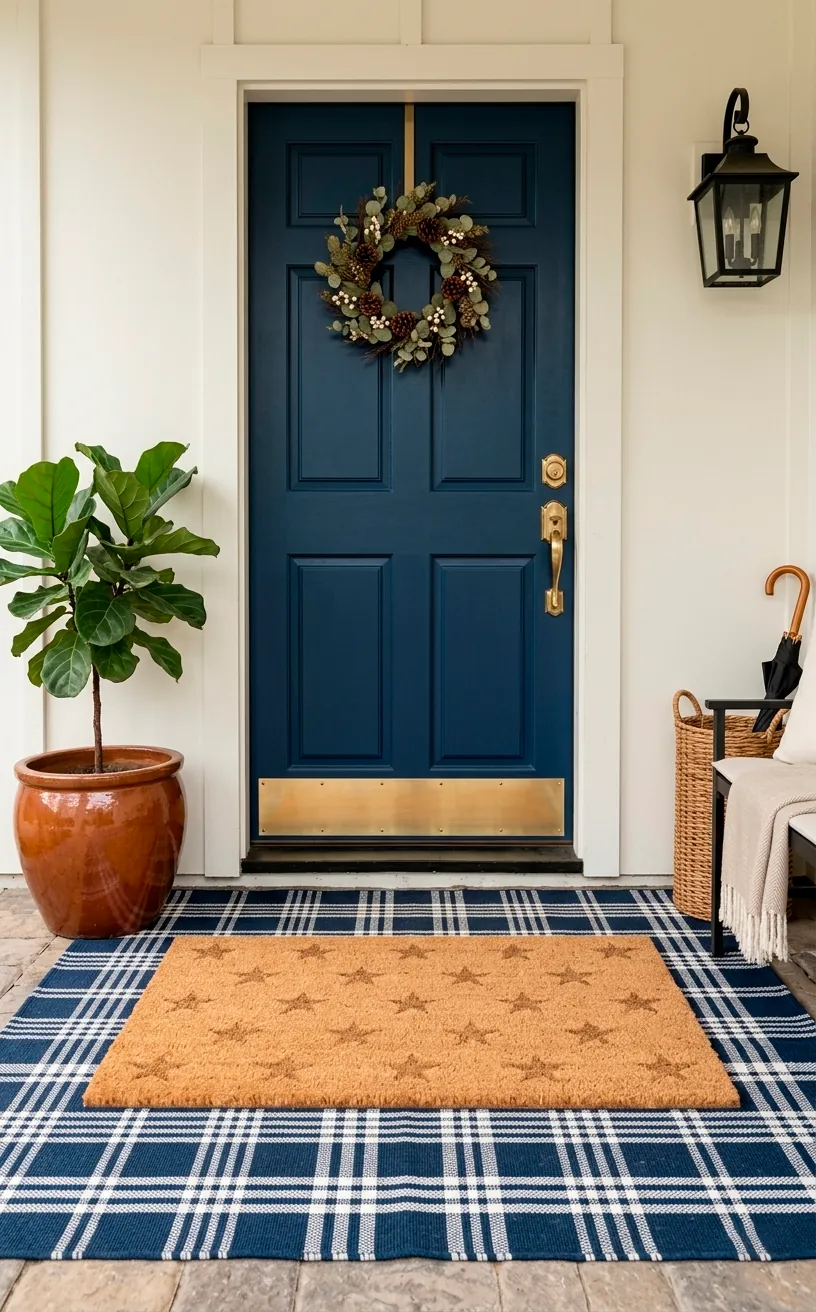 Layered doormat setup with navy plaid rug and star pattern coir mat.