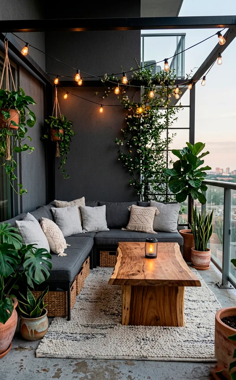 Moody boho balcony with charcoal furniture and natural acacia wood accents.