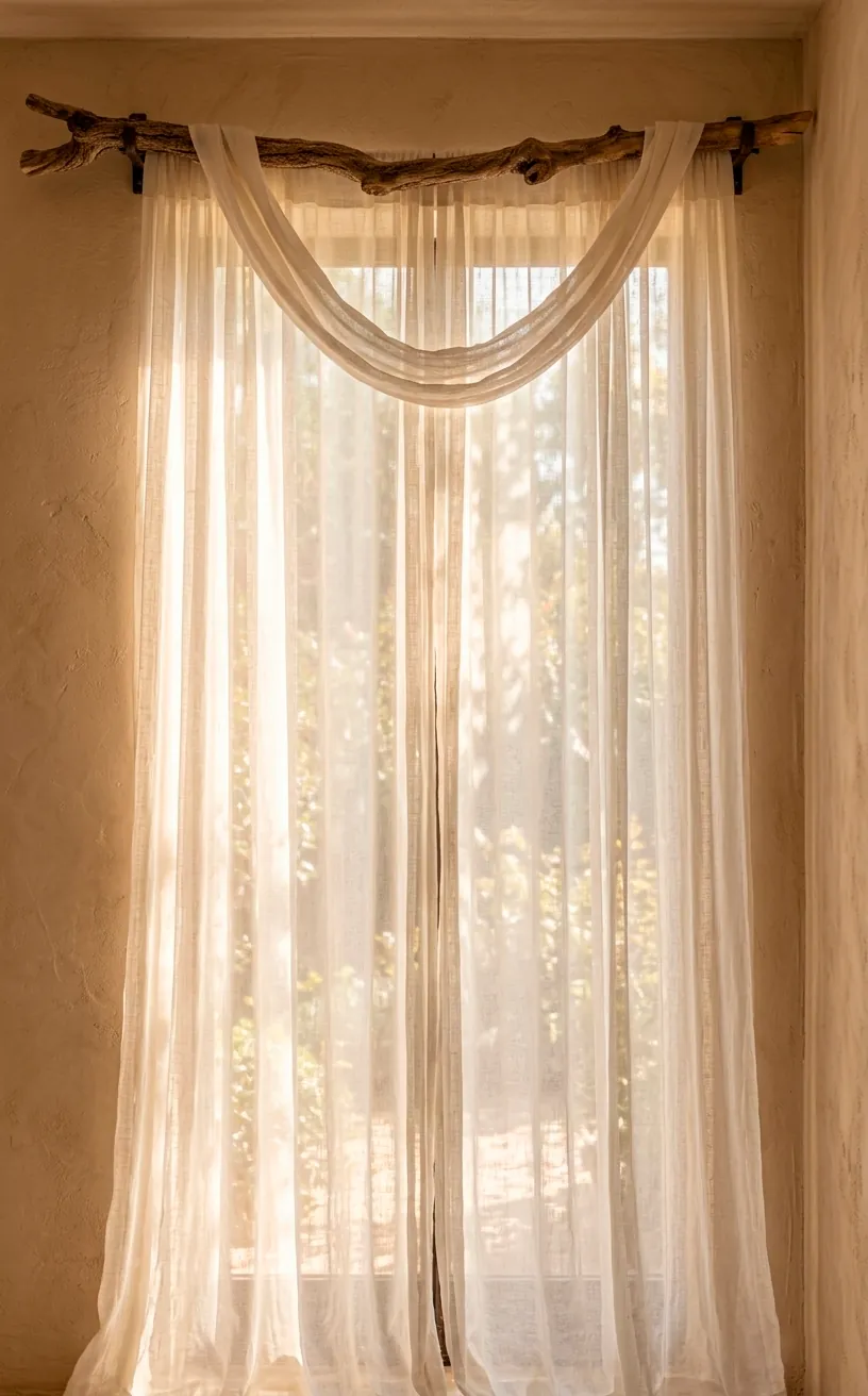 Sheer linen curtains hanging from a natural branch curtain rod.