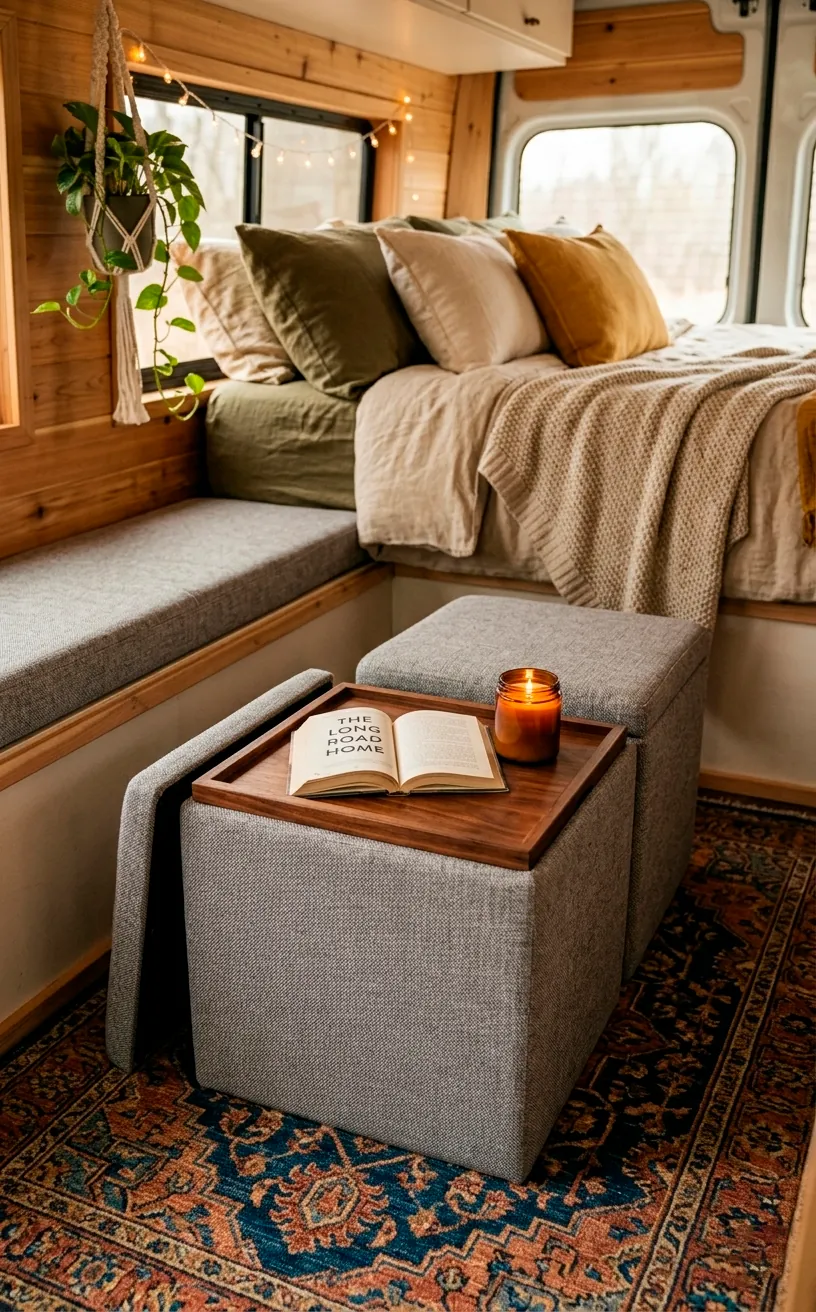 Grey fabric storage ottomans with a wooden tray lid in a cozy van interior.