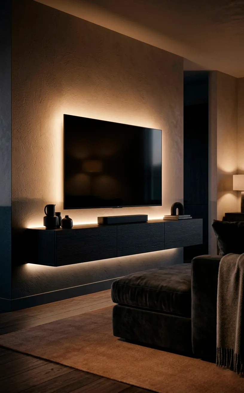 Modern dark floating TV unit with warm integrated LED backlighting for ambient glow.