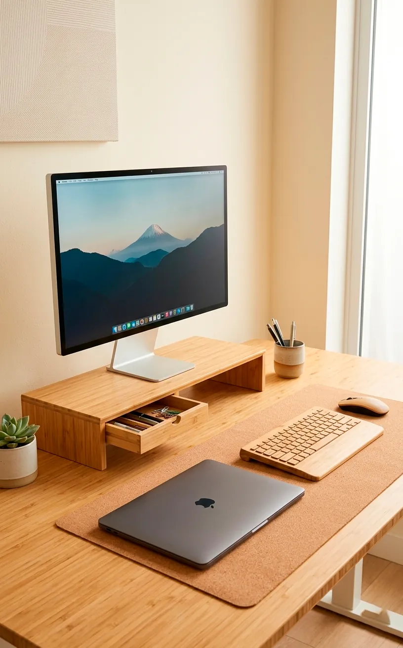 Organized bamboo office desk with a cork mat and wooden monitor riser for a clean look.