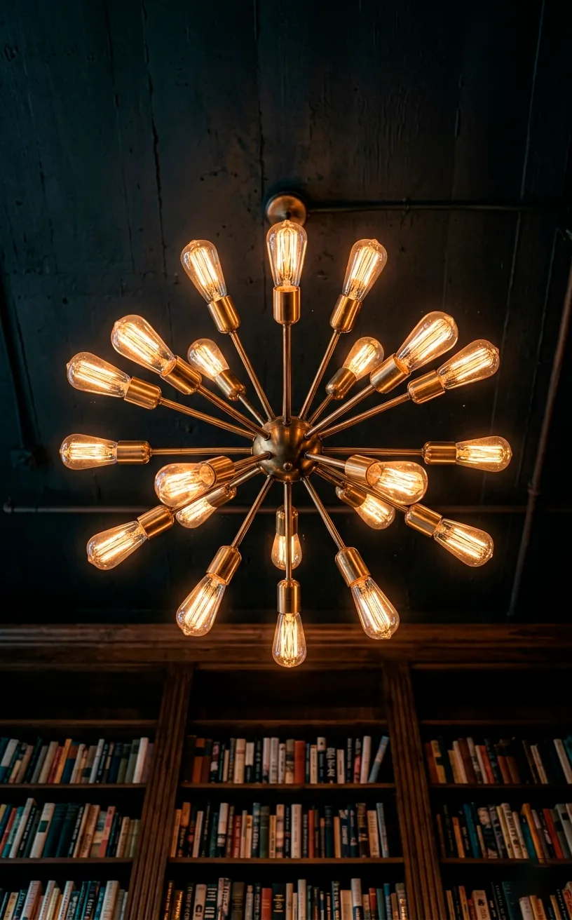 A brass Sputnik chandelier with glowing vintage Edison bulbs hanging from a dark ceiling.