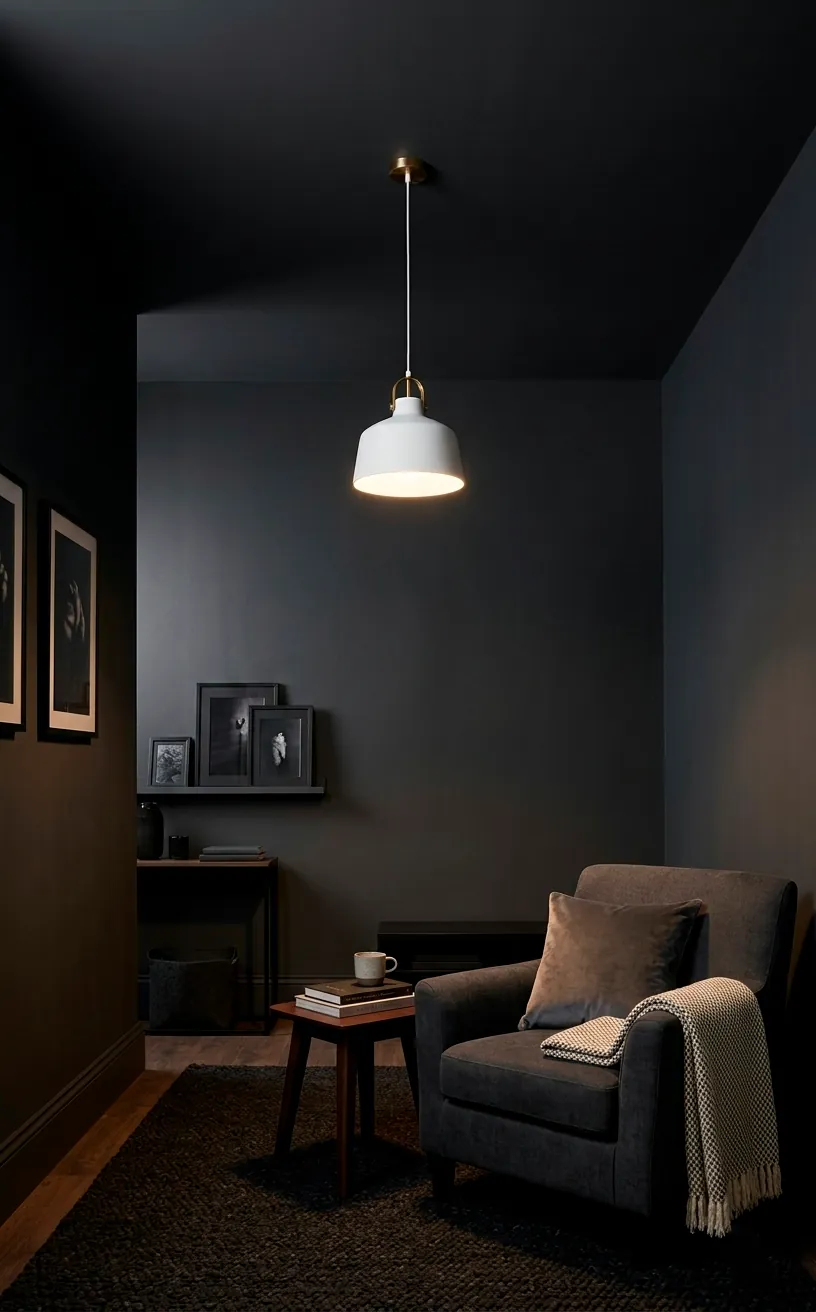 Dining room with matching charcoal walls and ceiling for a monochrome look.