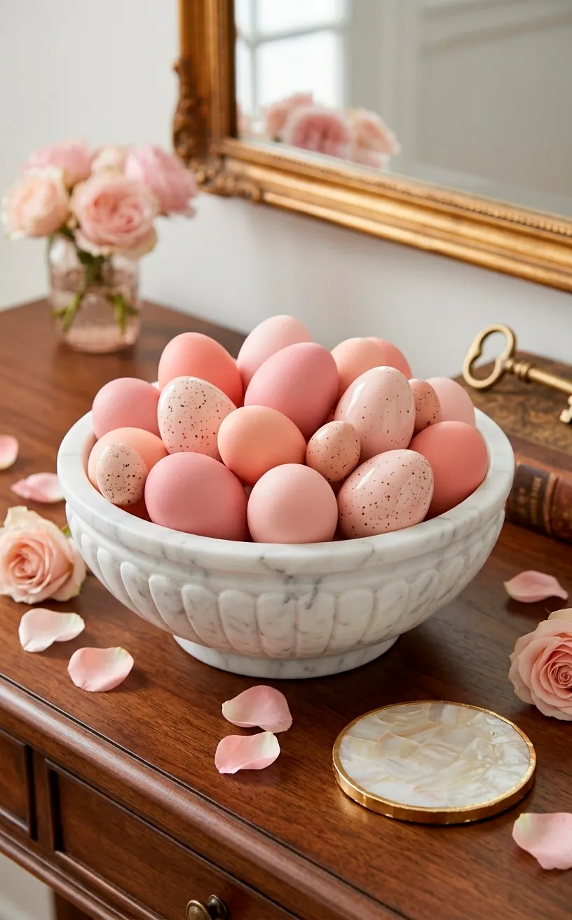 White marble bowl filled with pastel pink speckled Easter eggs on a console table.