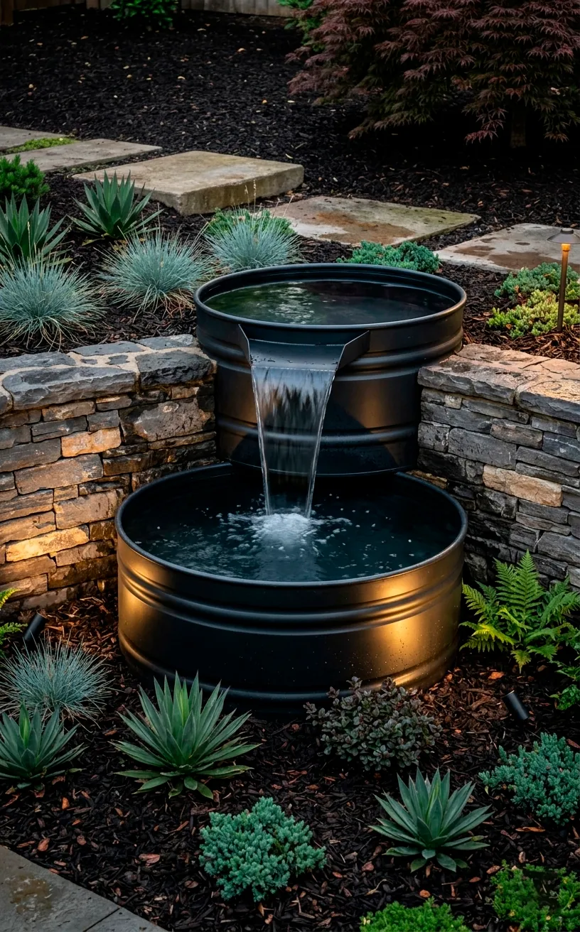 Tiered matte black stock tank ponds creating a waterfall feature in a backyard.