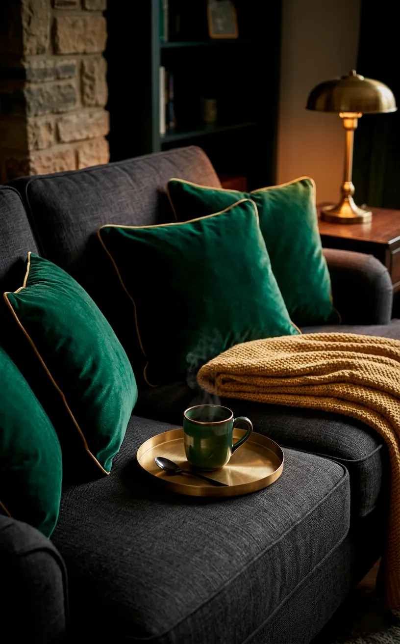 Emerald velvet pillows and a gold throw blanket on a dark grey sofa.