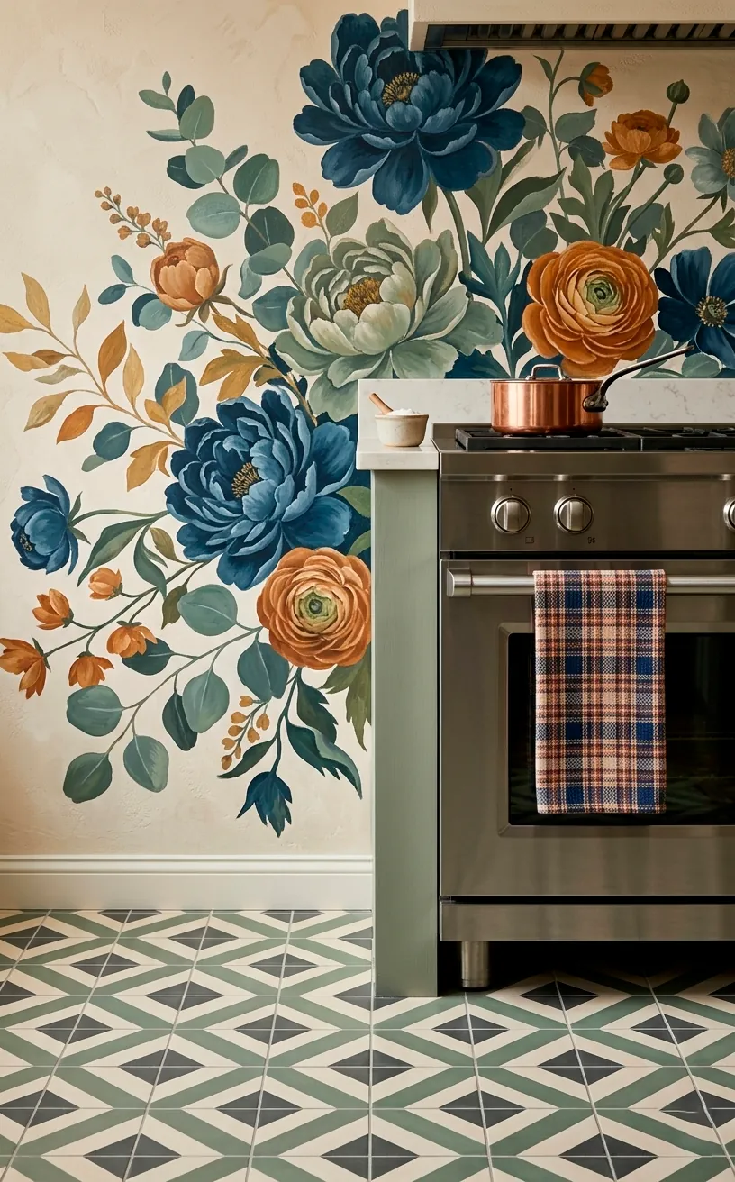 Kitchen scene demonstrating the rule of three with floral mural, geometric tiles, and plaid towels.