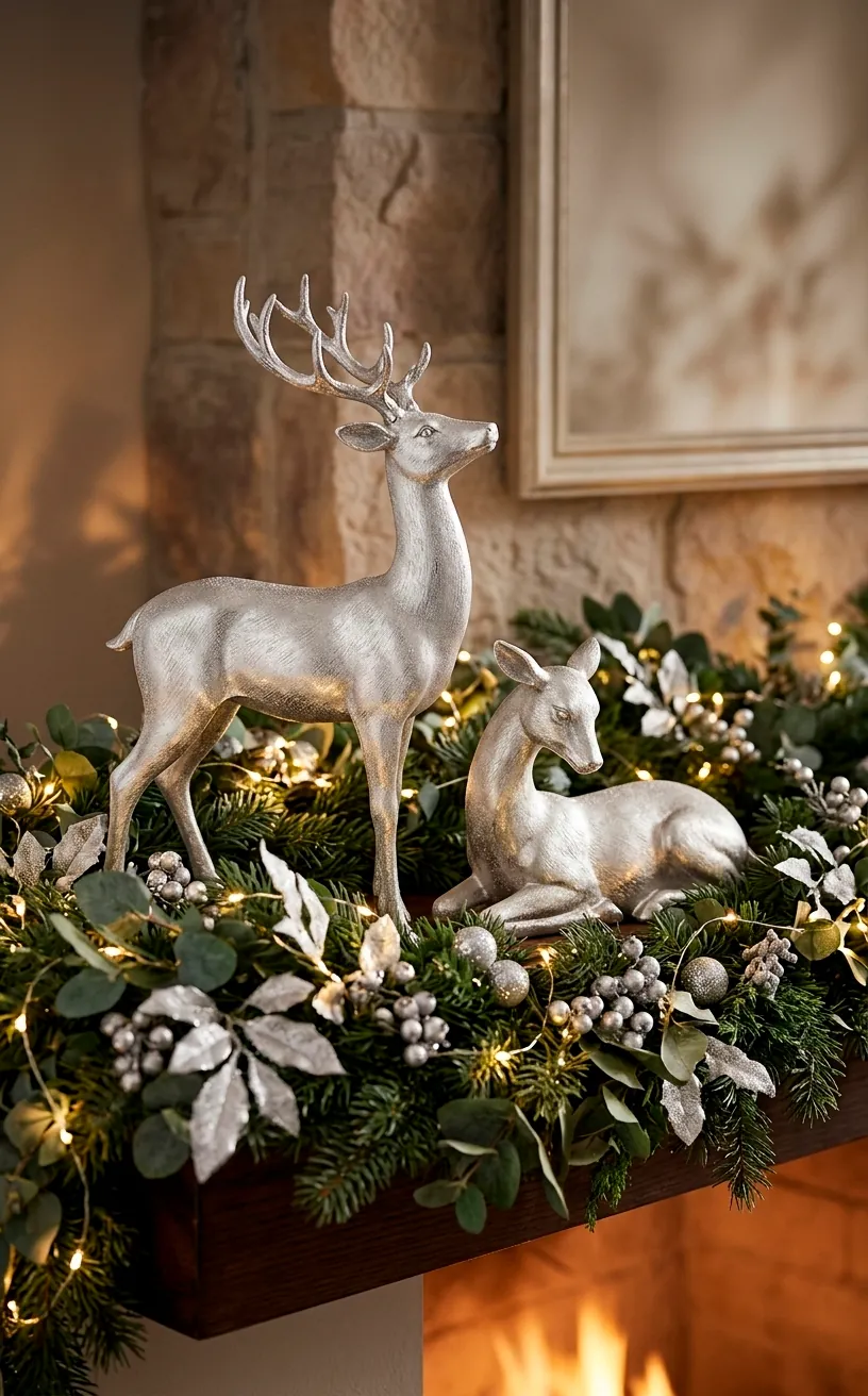 Elegant frosted silver reindeer statues sitting on a holiday mantel garland.