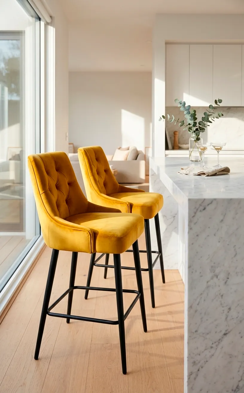 Mustard yellow velvet bar stools at a white marble counter in a bright room.