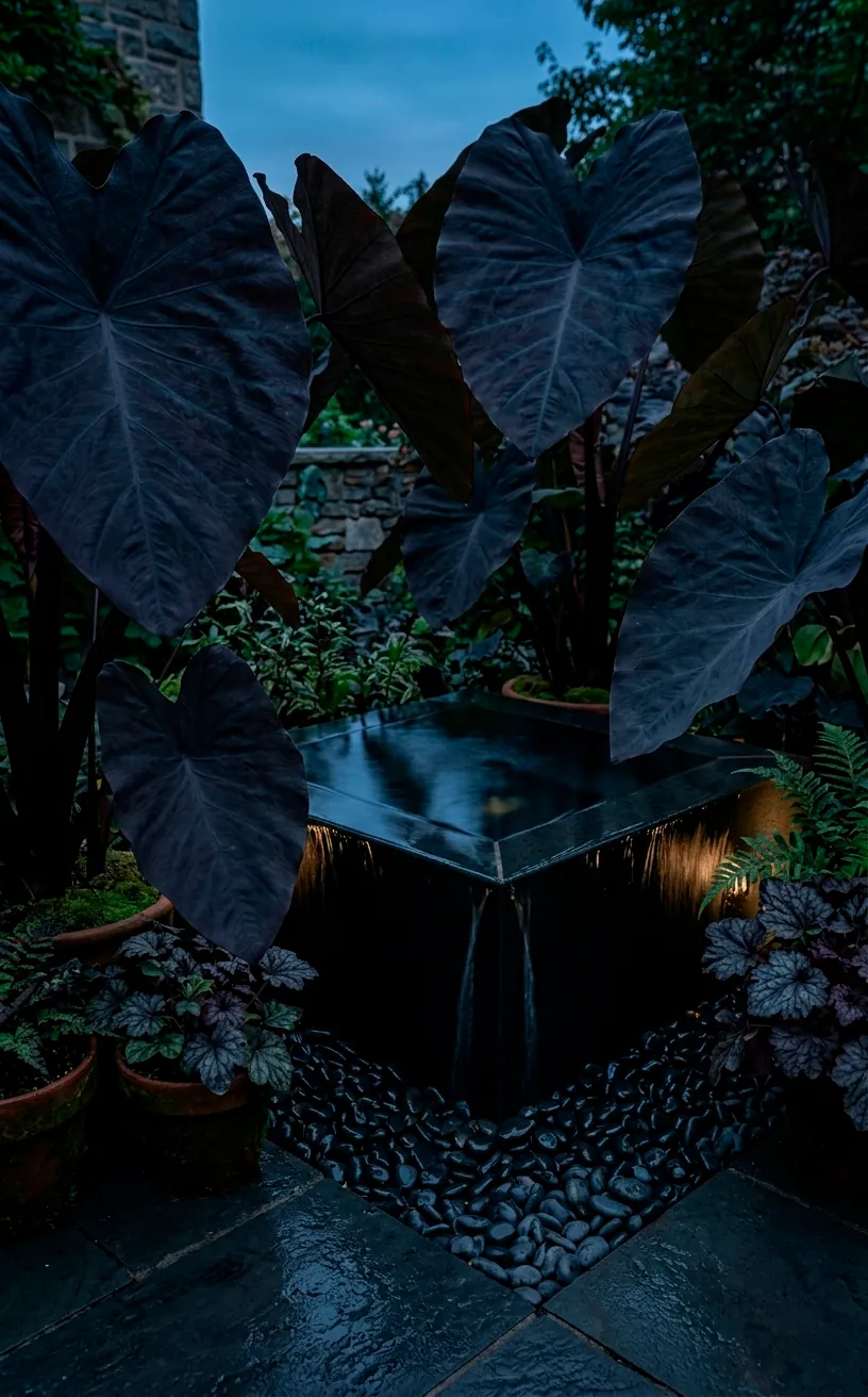 Dark purple elephant ear plants next to a black stone water feature.