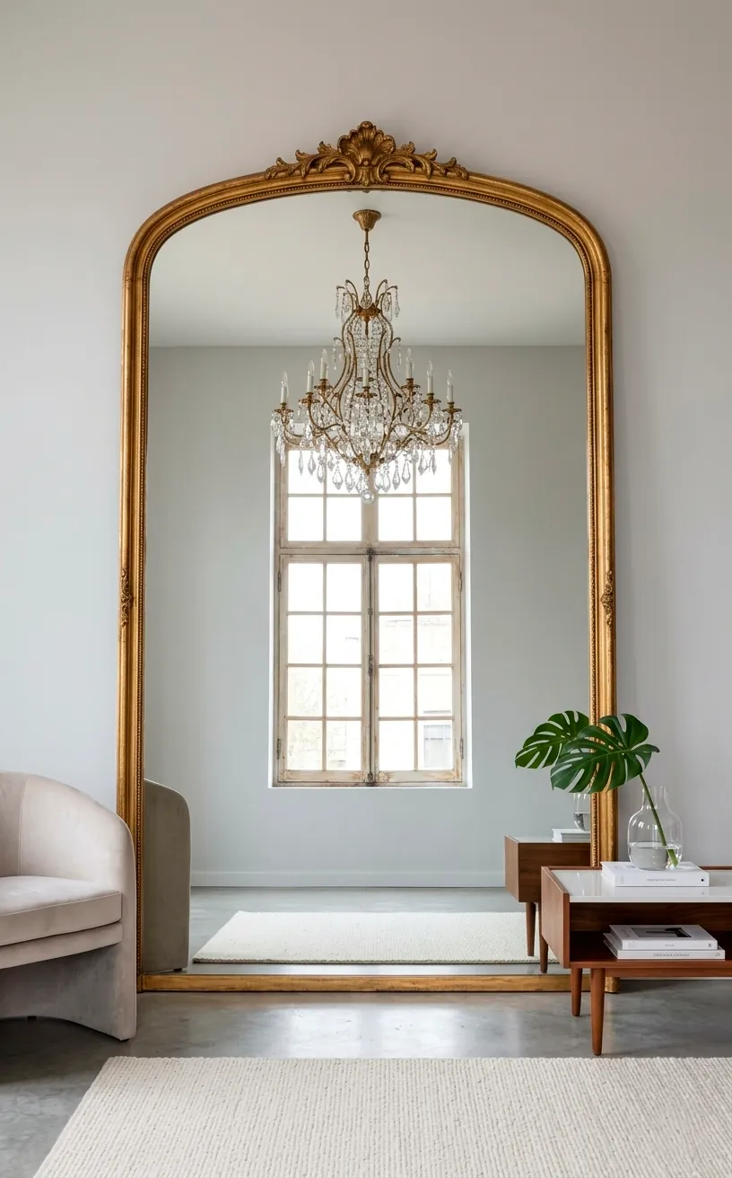 Large gold arched floor mirror reflecting a bright living room to create depth.