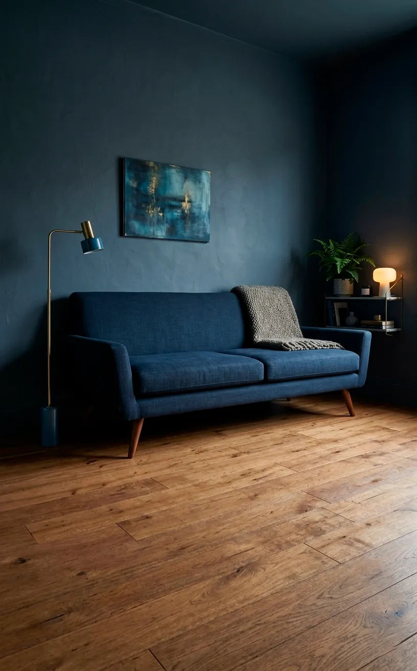 Blue living room with a sofa on tapered legs showing the floor underneath.