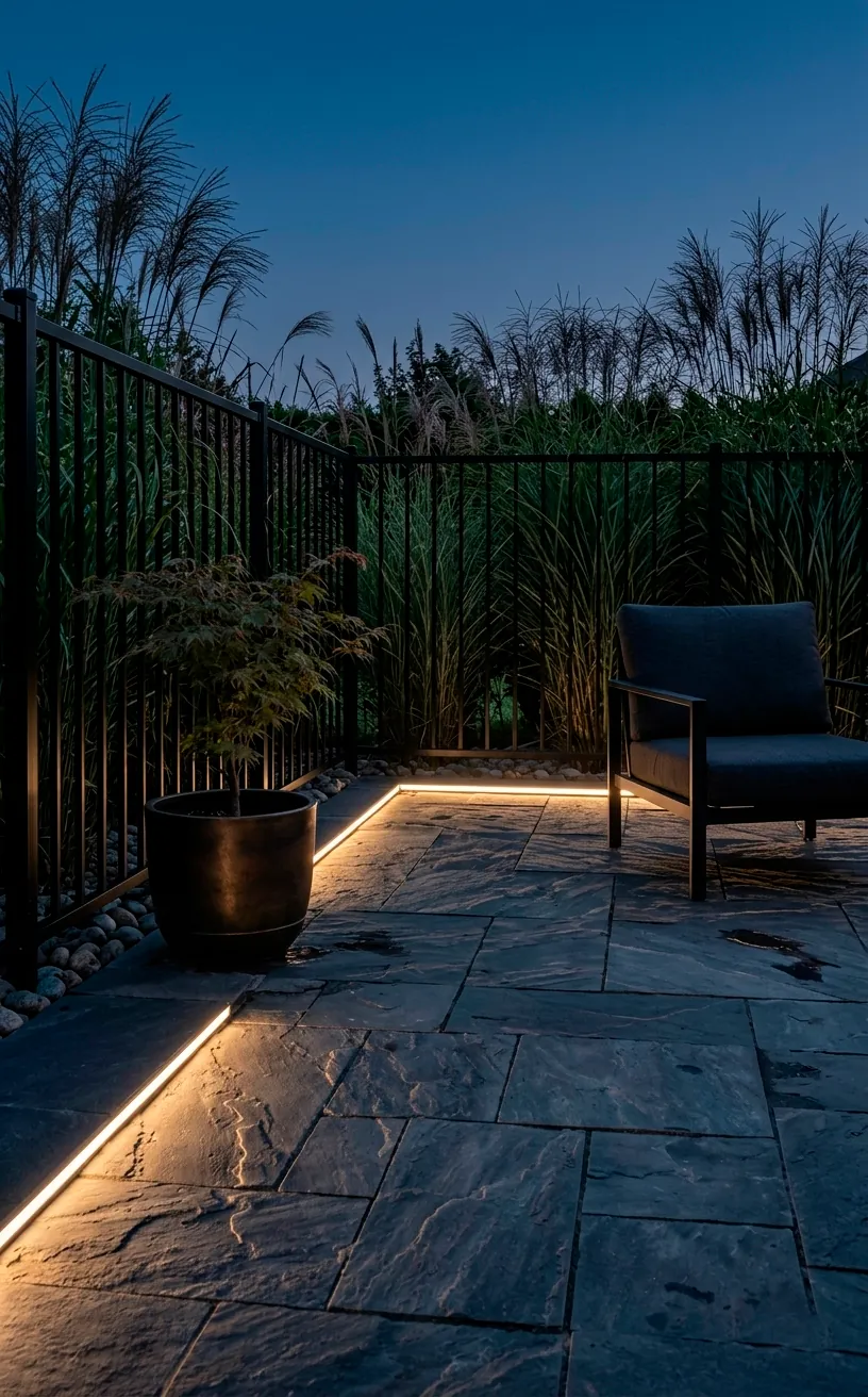 Dark charcoal slate patio at dusk with modern lighting and ornamental grasses.