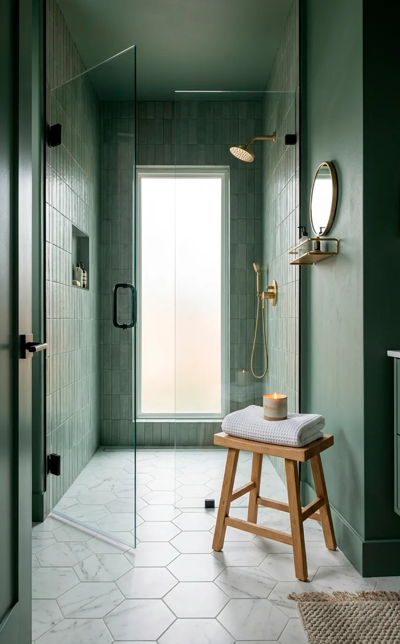 Modern bathroom with deep sage green tiled shower and white marble hexagonal floor tiles.