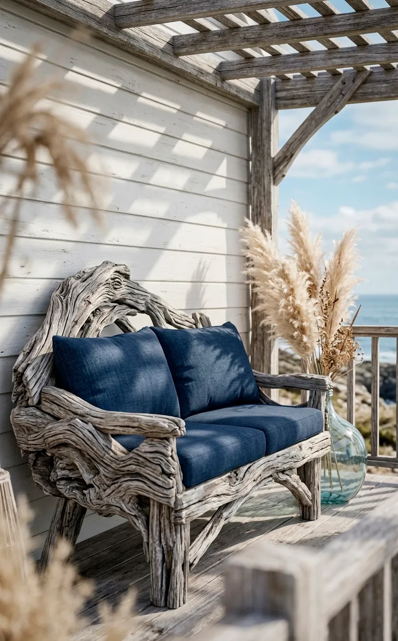 Large weathered driftwood bench with navy cushions on a white coastal porch.