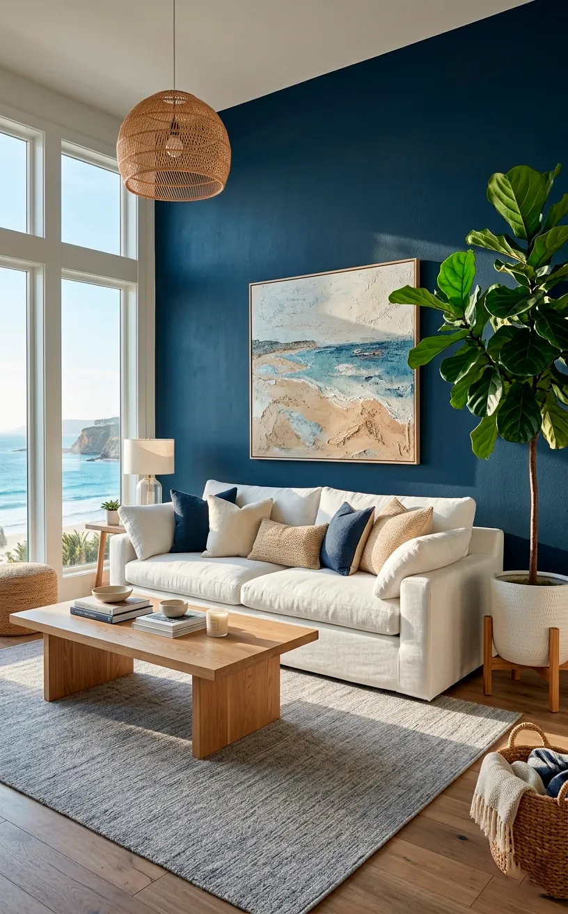 Modern coastal living room with navy accent wall and white linen sofa.