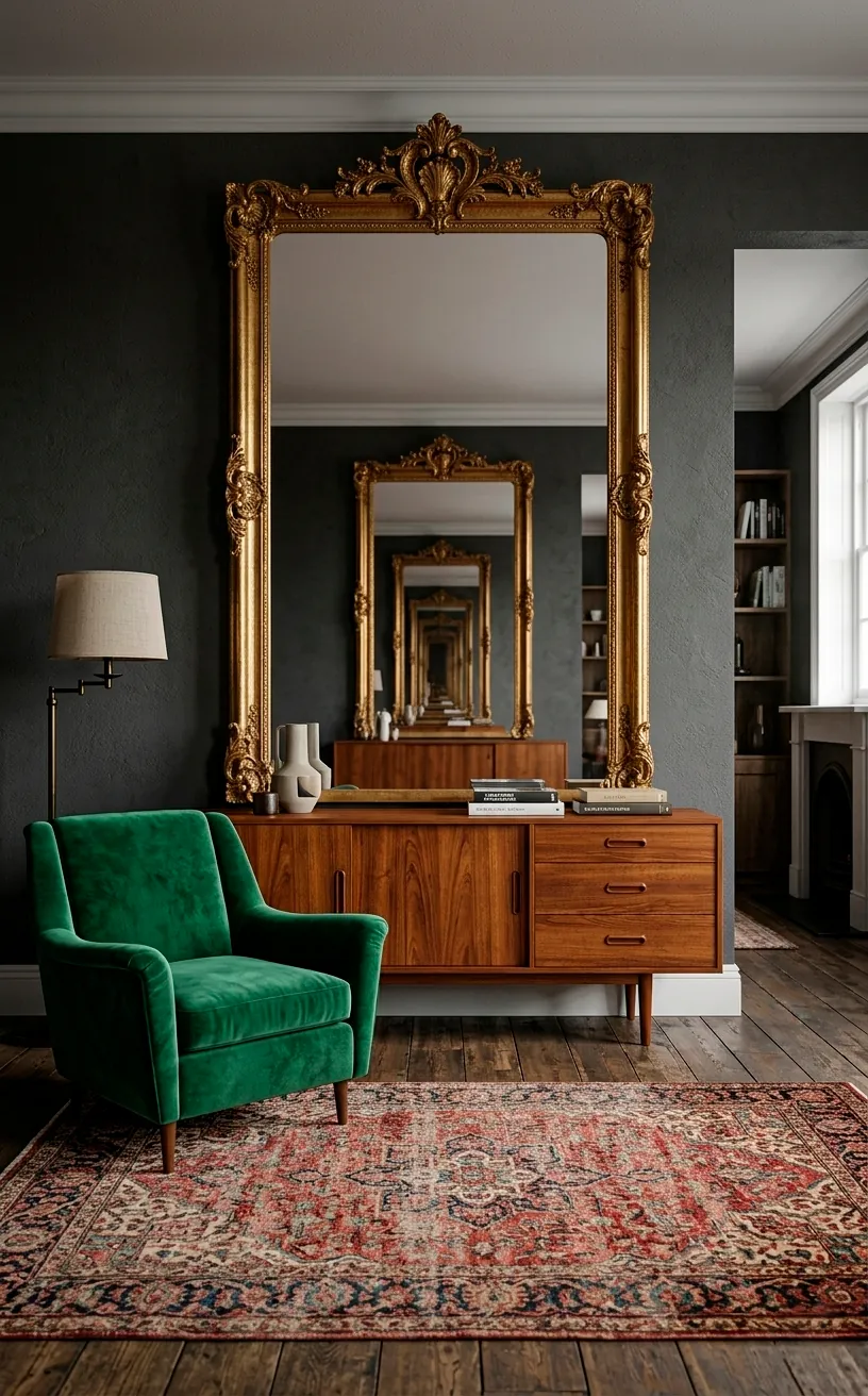 A high-end living room featuring a Mid-Century teak sideboard and an ornate Victorian gold mirror on a dark wall.