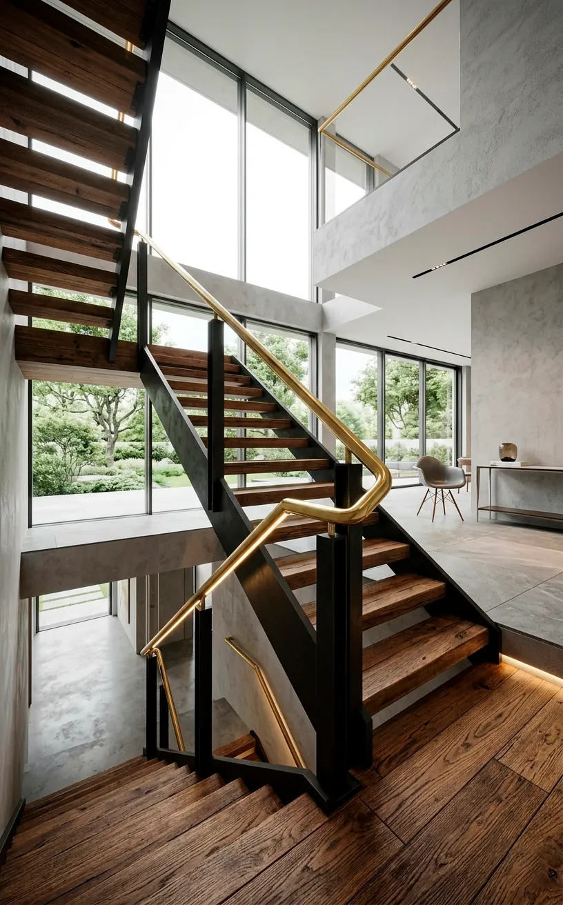 Industrial staircase with matte black steel posts and a sleek satin brass handrail.