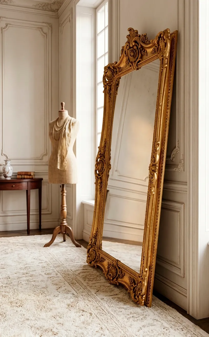 Giant antique French Rococo floor mirror with ornate gold carvings in a bright luxury dressing room.