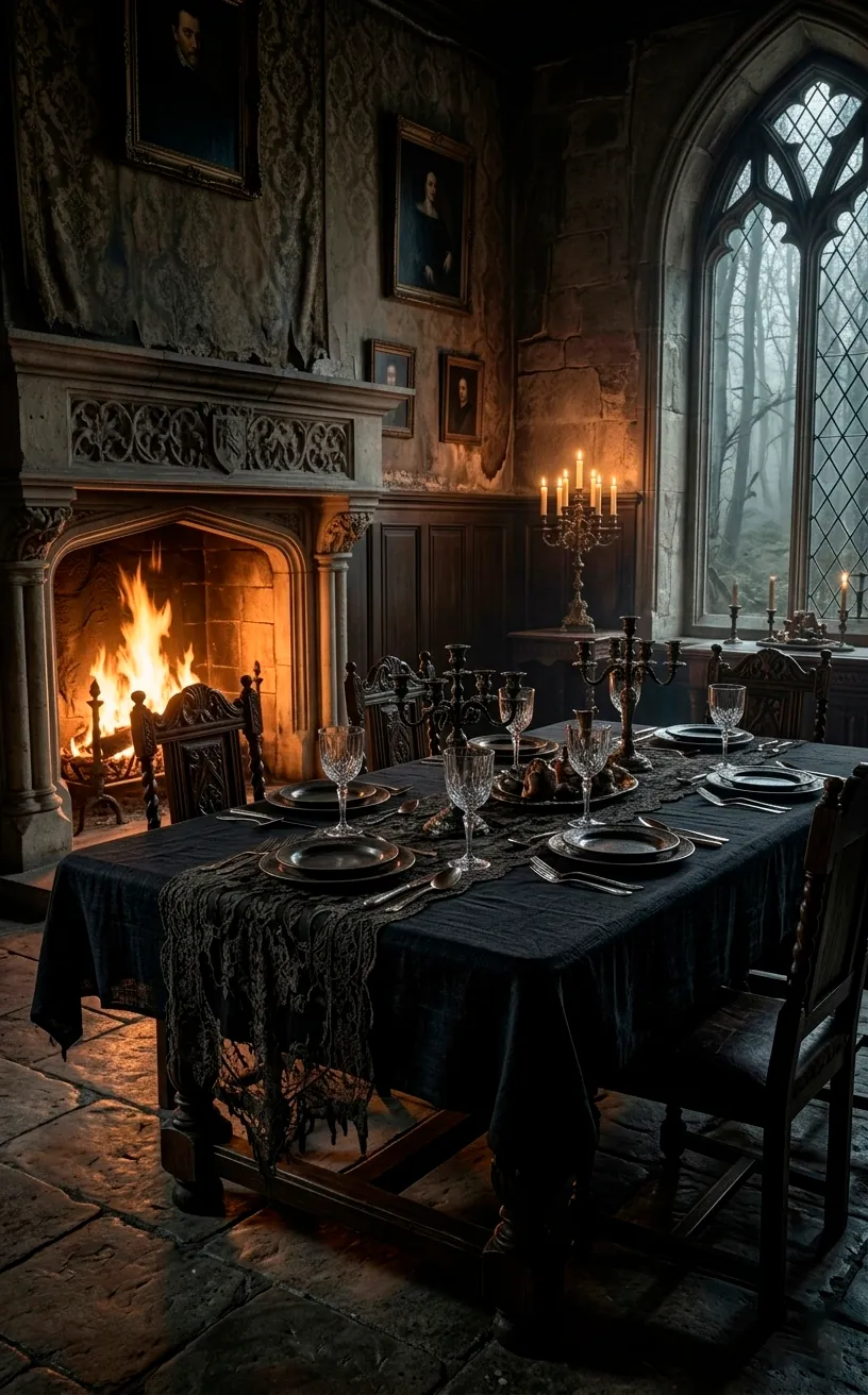 Gothic dining table with black linen and distressed lace runner in a moody stone room.