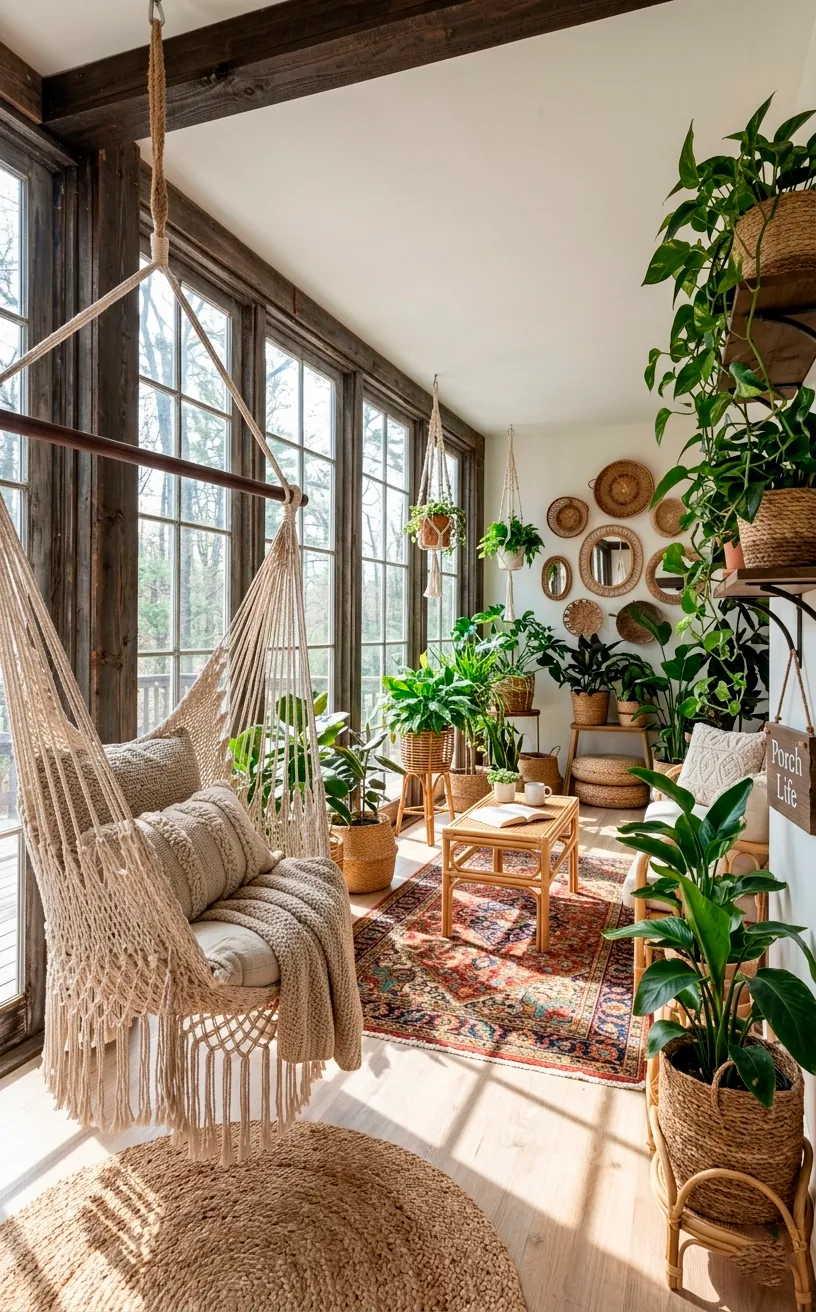 Boho style enclosed porch with macrame hanging chair and lush indoor plants in golden sunlight.