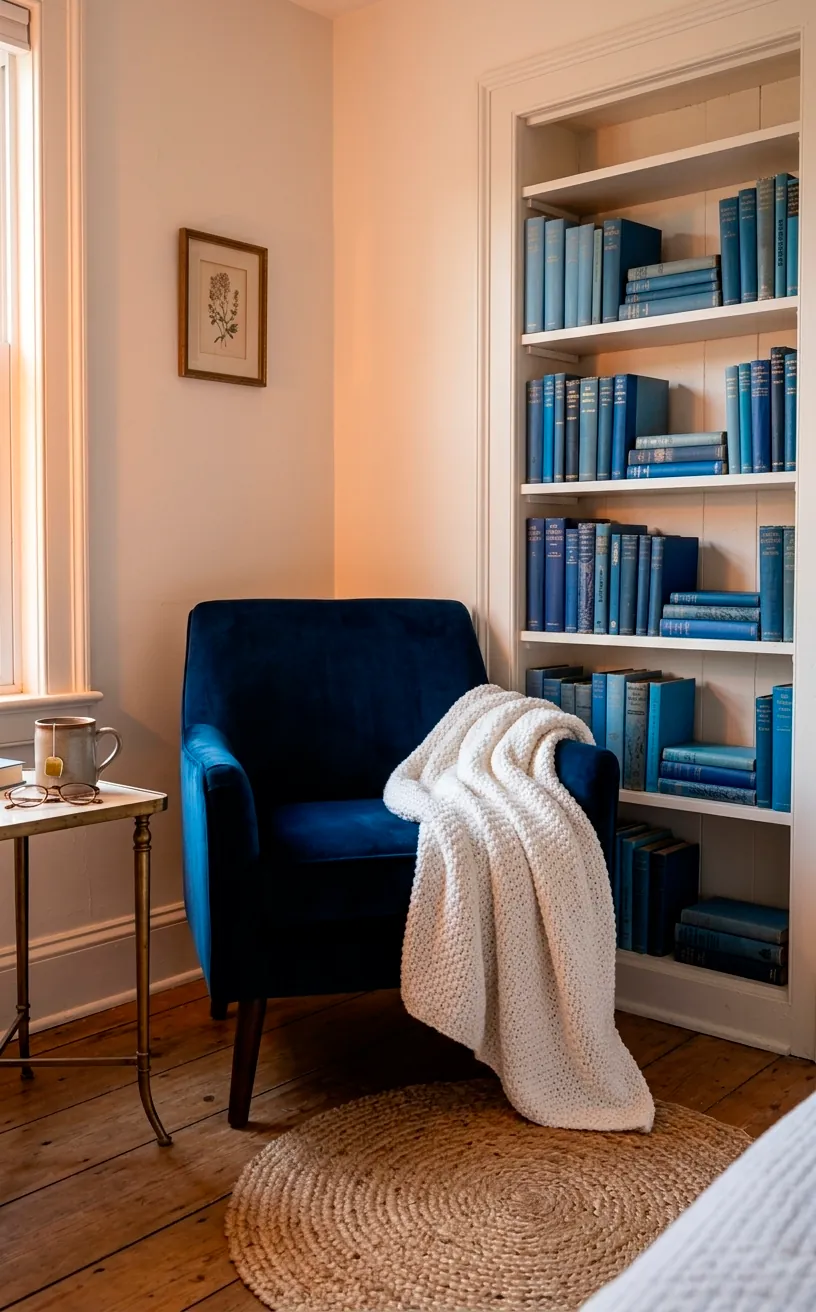 Cozy bedroom reading corner with navy chair and white bookshelf.