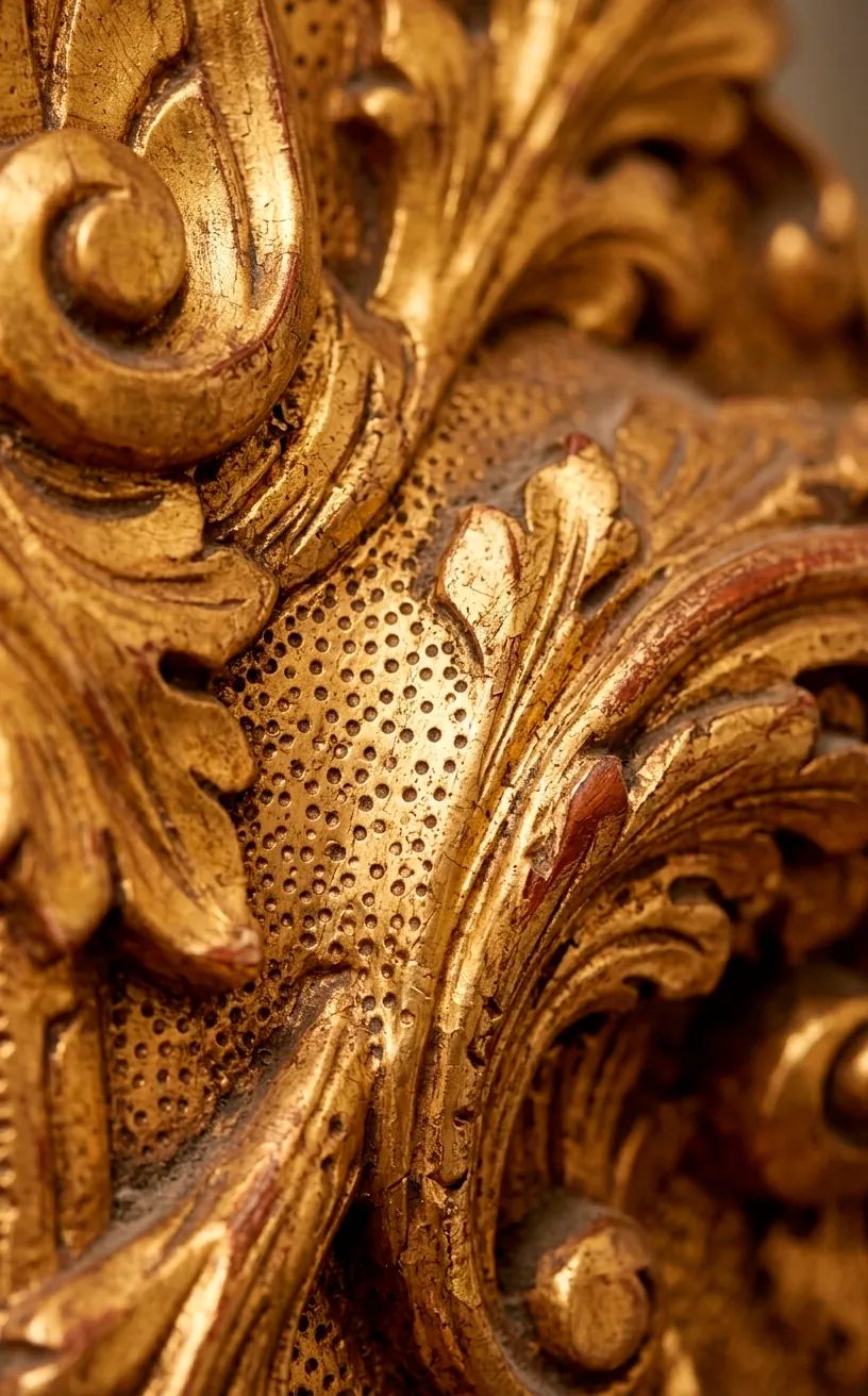 Close-up of hand-carved wood texture on a vintage Italian gilded mirror.