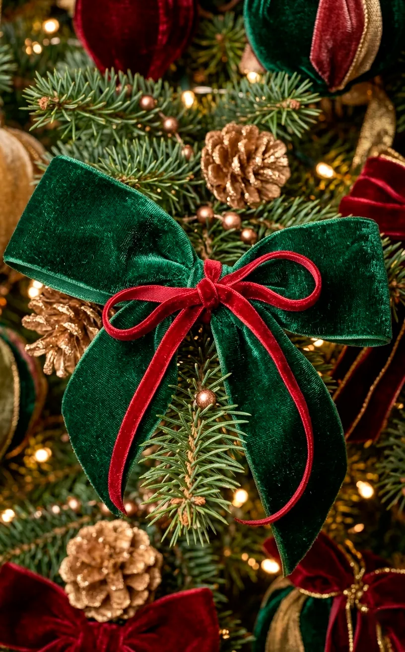 Close-up of different widths of velvet ribbon layered together on a tree branch.