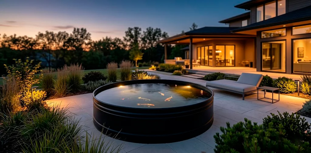Wide landscape of a modern backyard featuring a dramatic matte black stock tank pond on a stone patio.
