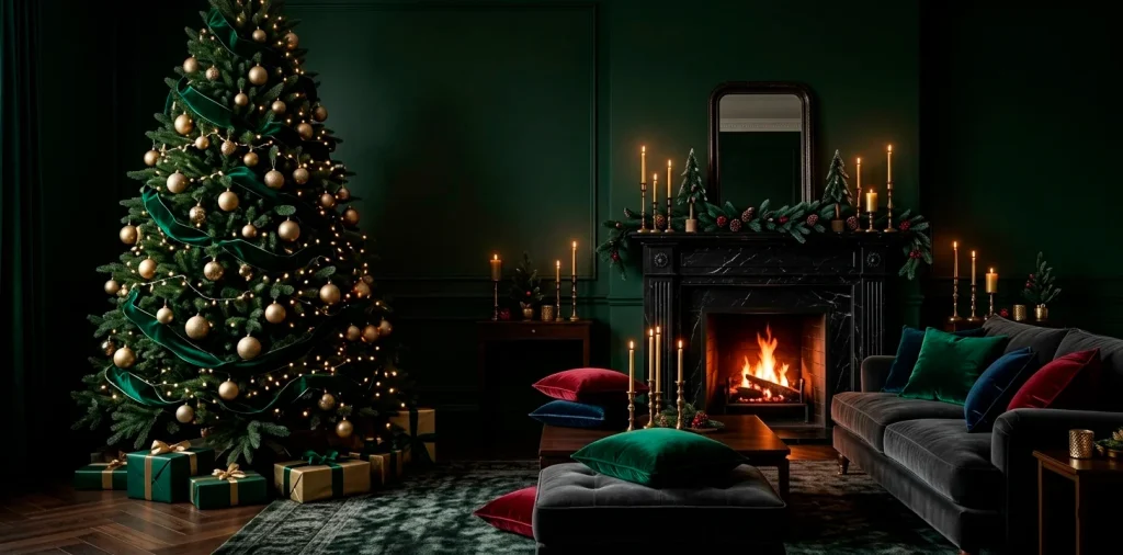 Luxurious moody Christmas living room with emerald green walls, a velvet-draped tree, and gold accents.