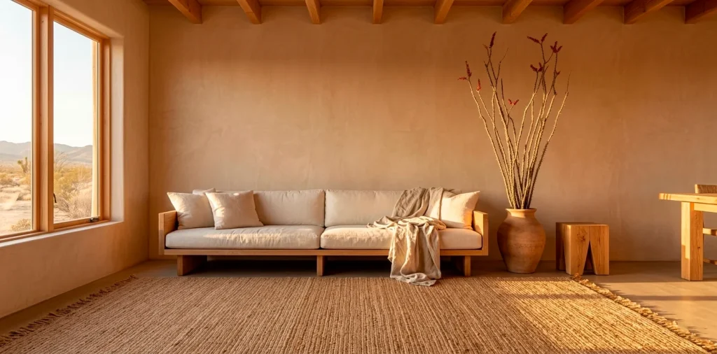 Wide view of a desert minimalist living room featuring natural wood furniture and linen textures.