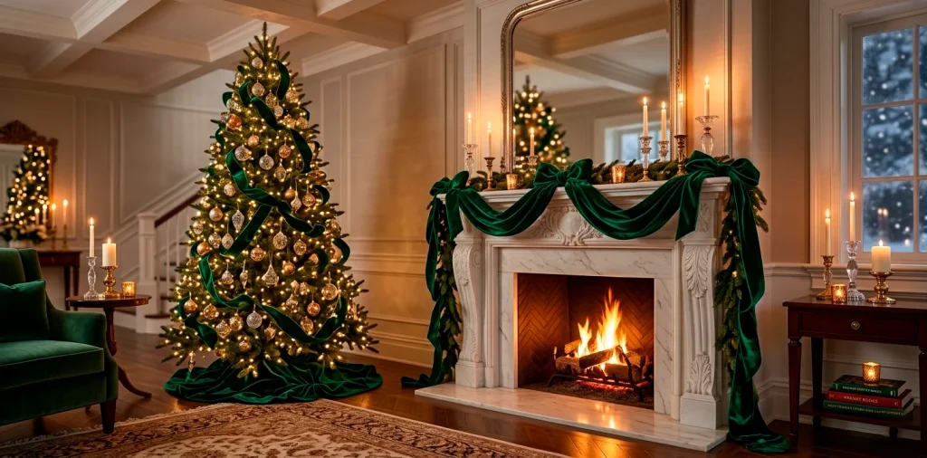High-end holiday living room with emerald velvet ribbons on a Christmas tree and fireplace mantle.