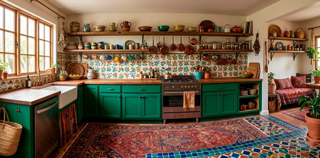 Wide shot of a vibrant eclectic boho kitchen with mixed floor tiles, green cabinets, and a colorful Persian rug.
