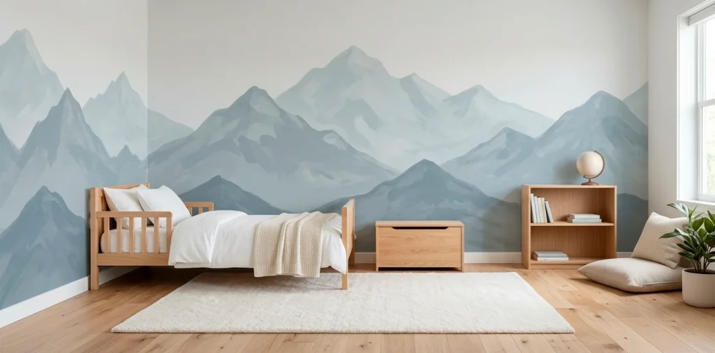 Wide landscape view of a modern kids bedroom featuring a soft mountain range peel and stick accent wallpaper.