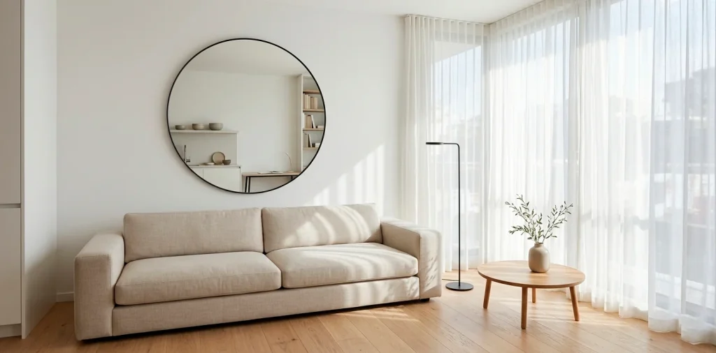 Bright airy minimalist small living room with neutral decor, a linen sofa, and large round mirror in a clean space.