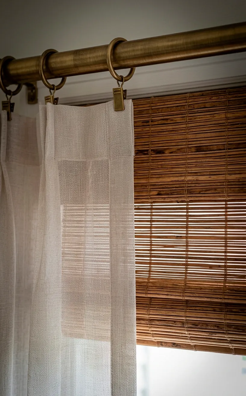 Detailed view of layered window treatments with brass hardware and woven blinds.