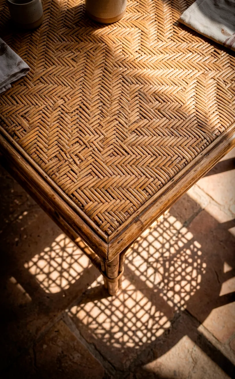 Close-up of intricate rattan weave and sun shadows.
