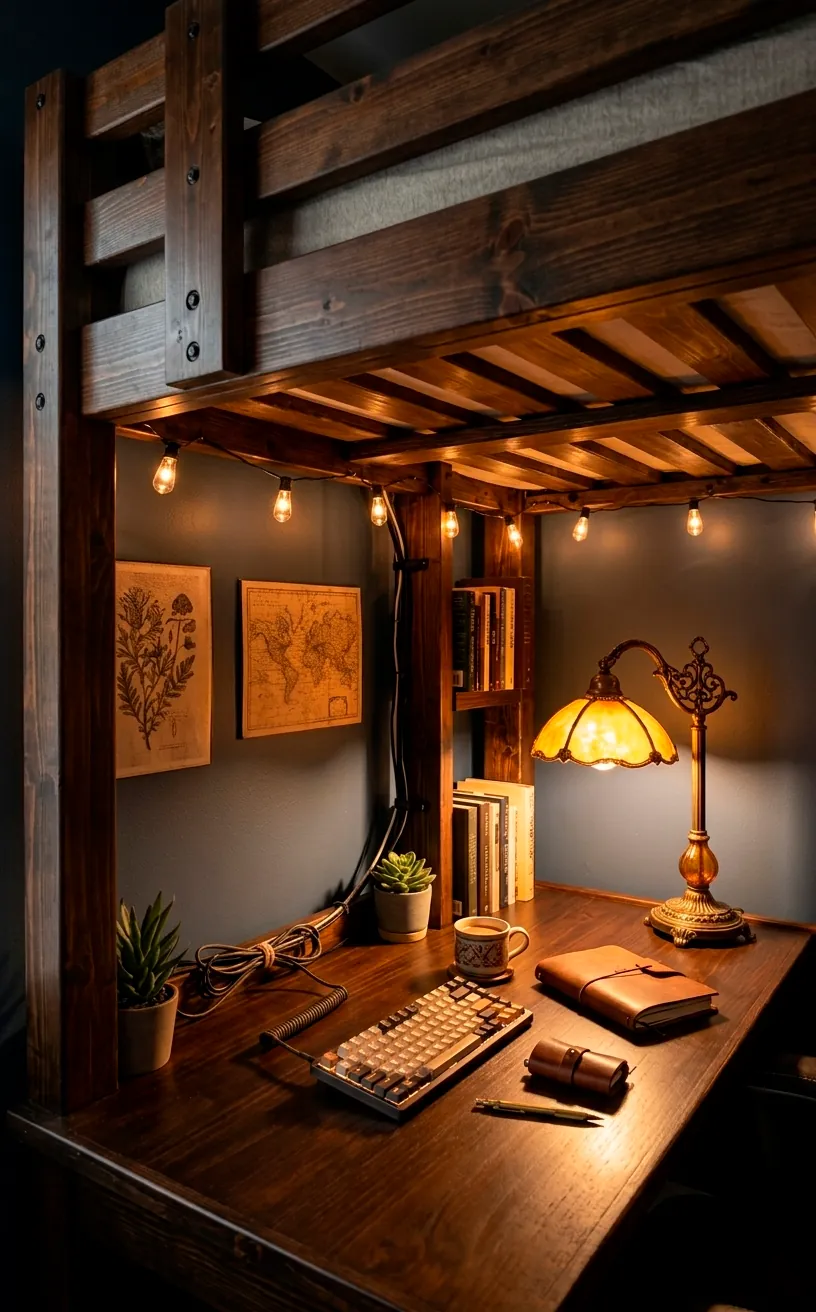 Workspace setup underneath a dark wood loft bed.