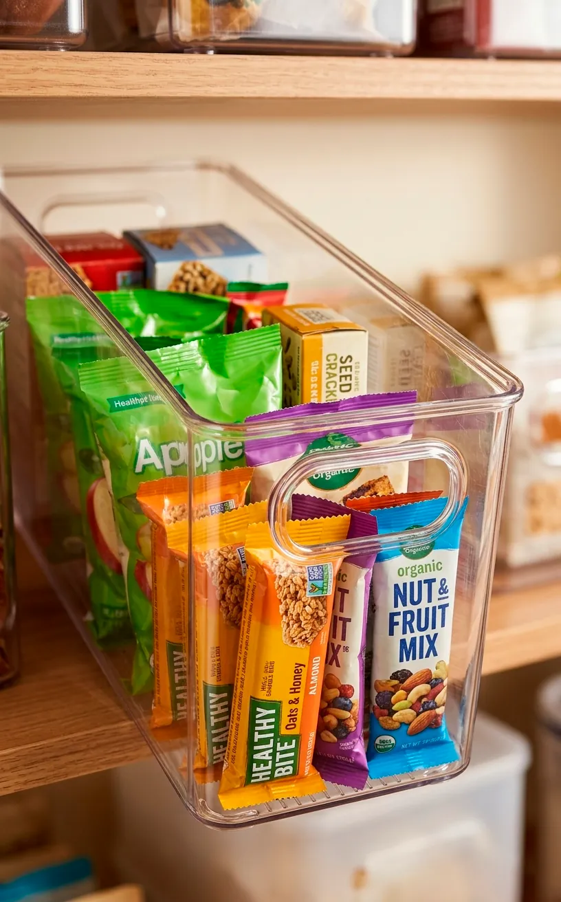 Hand pulling a clear plastic bin with handles from a pantry shelf.