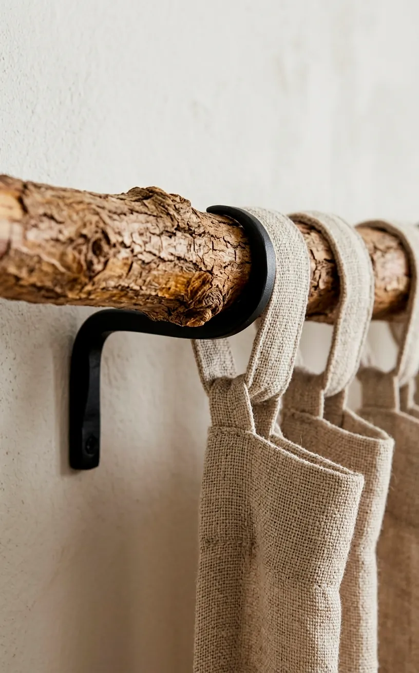 Close-up of a branch curtain rod and black metal mounting hook.