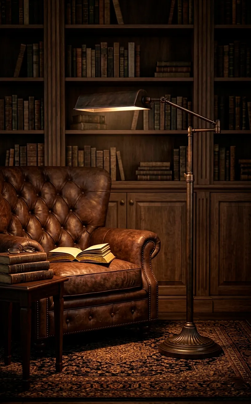 An aged bronze pharmacy floor lamp standing next to a leather chair in a dimly lit corner.