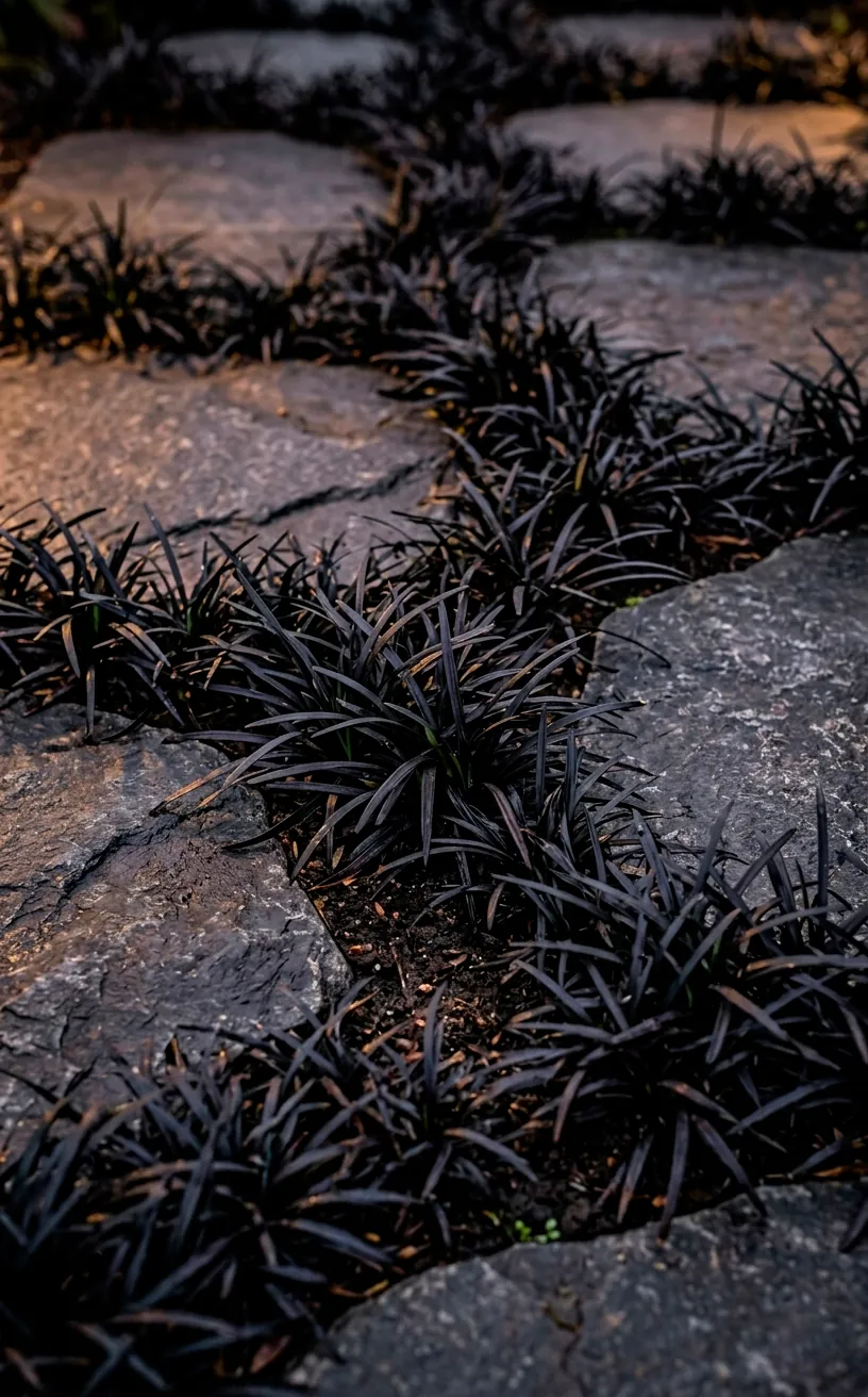 Close-up of black mondo grass between dark grey patio stones.