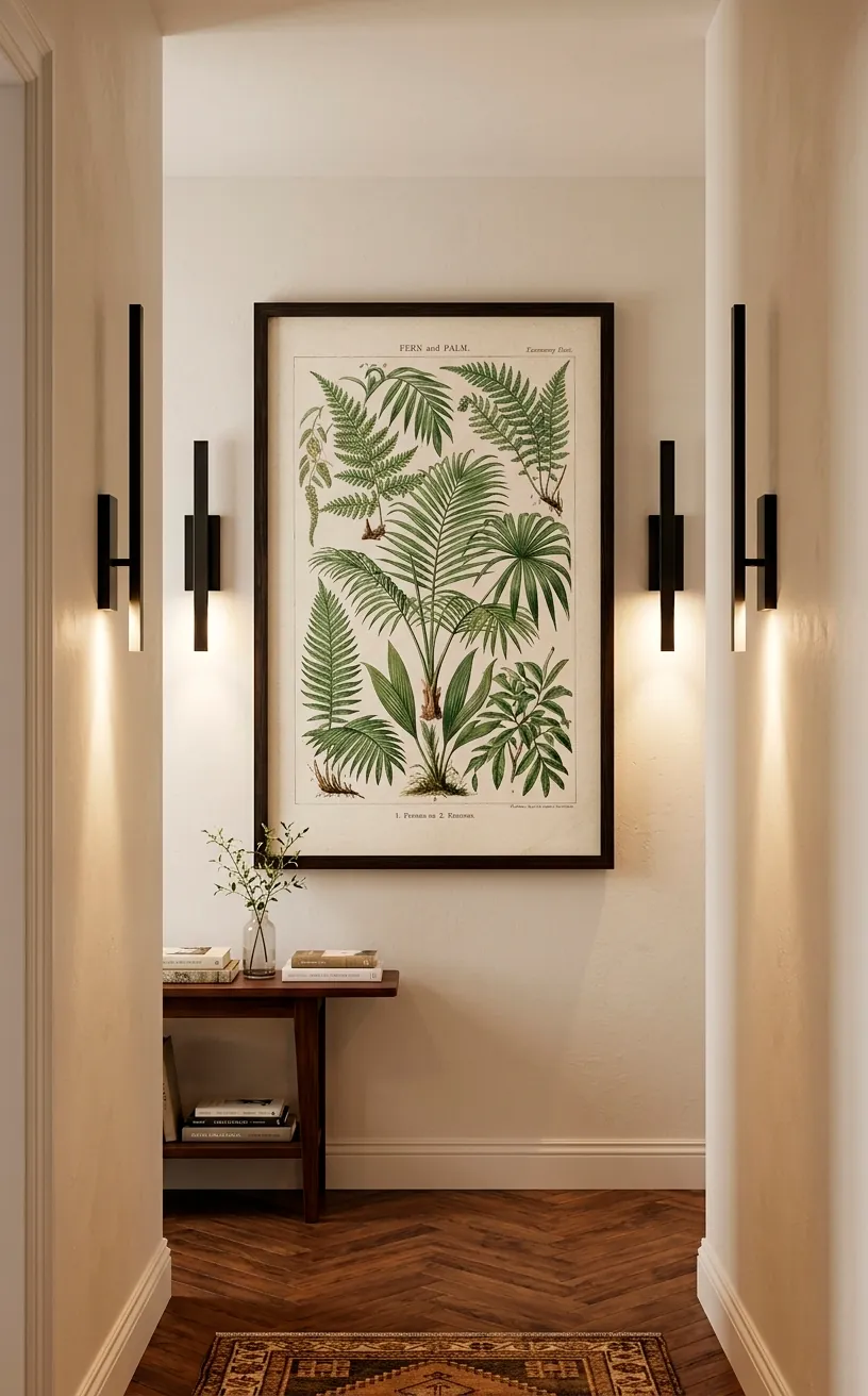 Modern wall sconces flanking a botanical art print in a foyer.