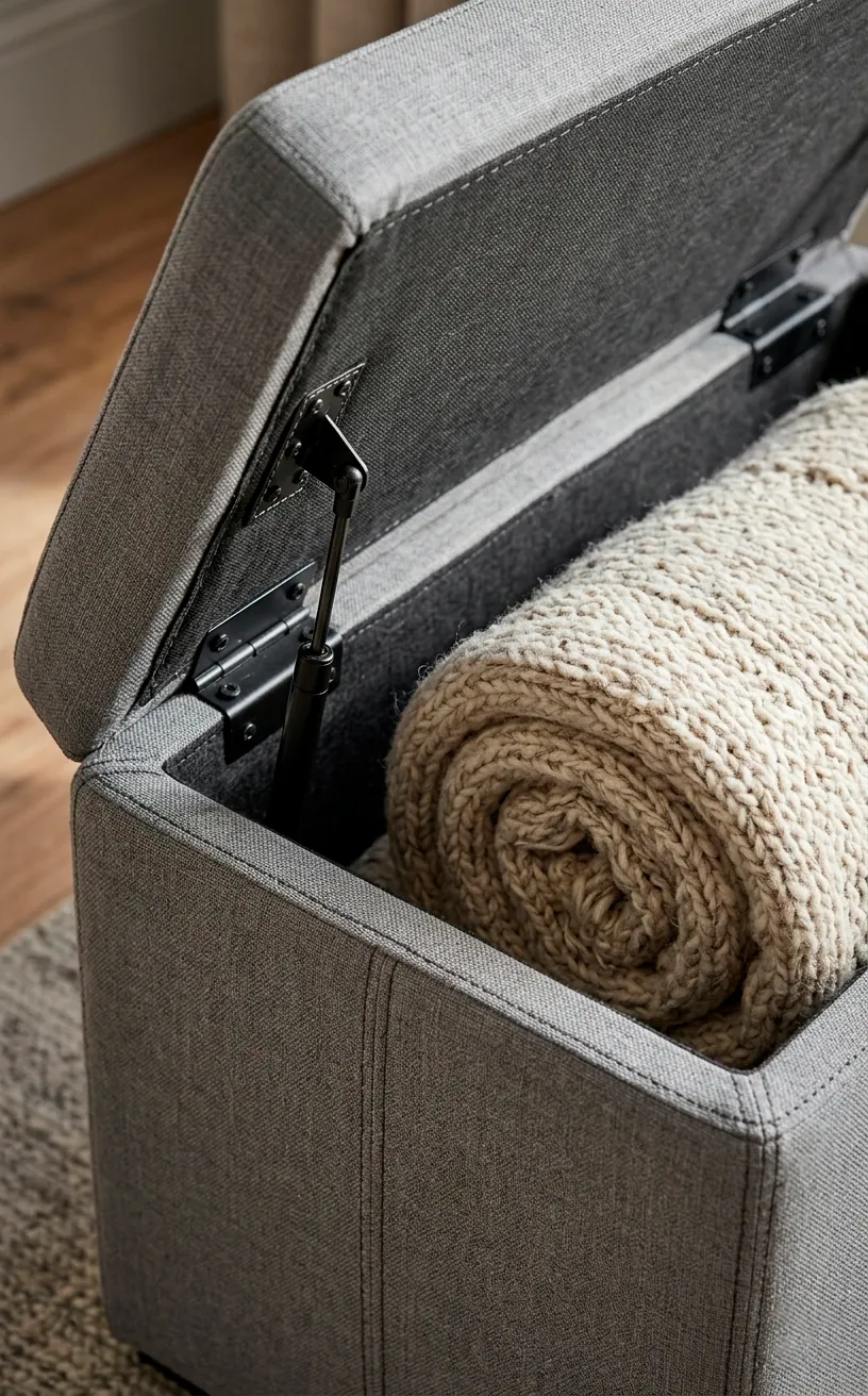 Detail of a foldable storage ottoman showing an internal wool blanket.