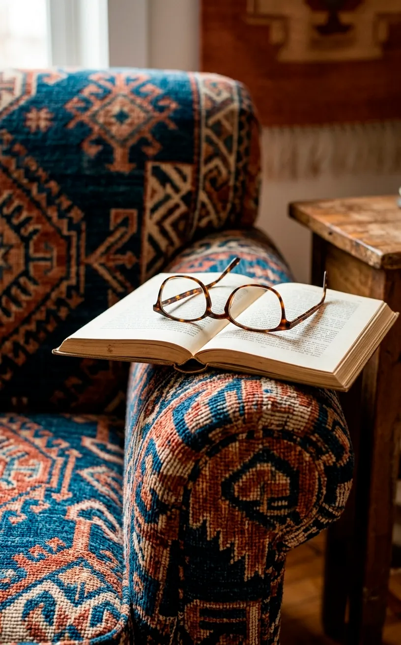 Close-up of reading glasses and a book on geometric upholstery.