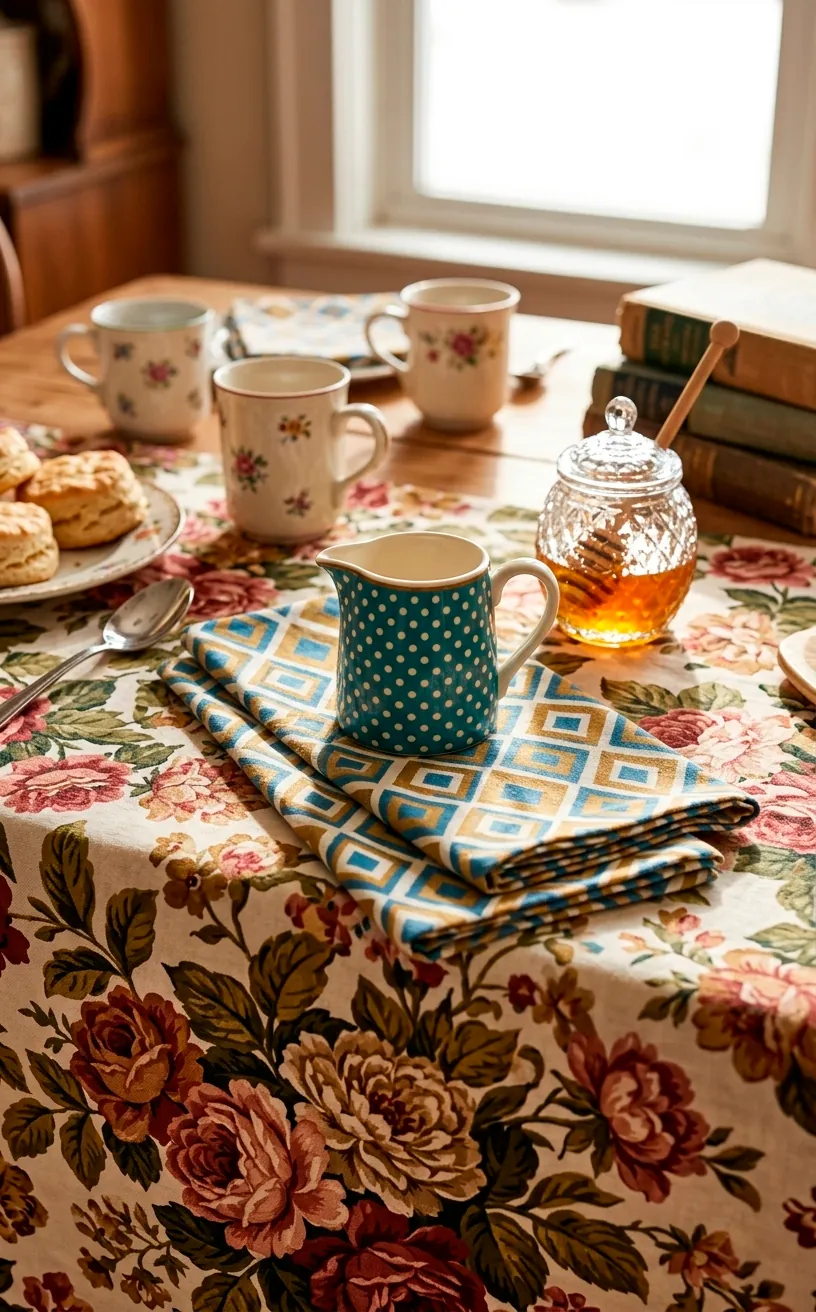 Table setting with floral tablecloth, geometric napkins, and polka-dot pitcher.
