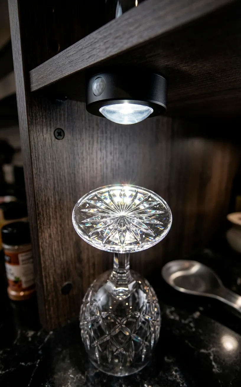 Close-up of a motion sensor LED light inside a bar cabinet highlighting crystal glassware.